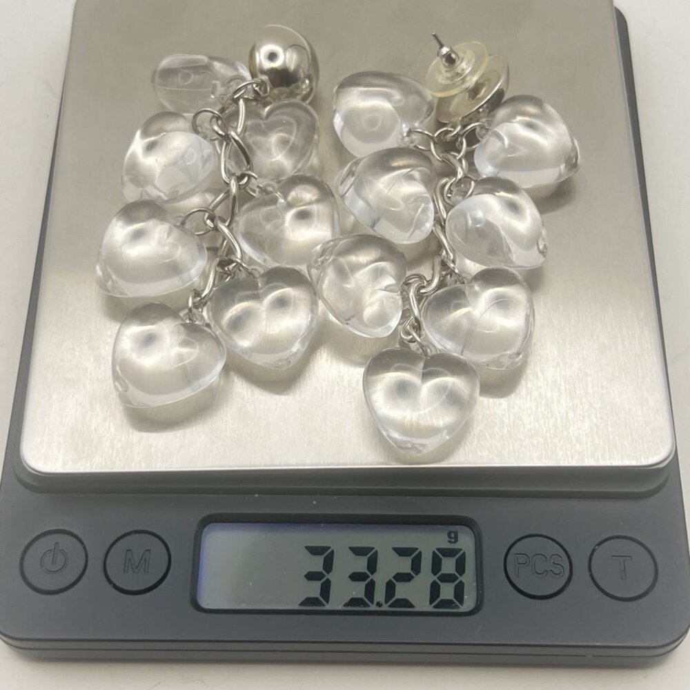 Vintage Clear Lucite Earrings Puffy Heart Silver-Tone Dangling 3" Y2K Statement - Picture 6 of 8